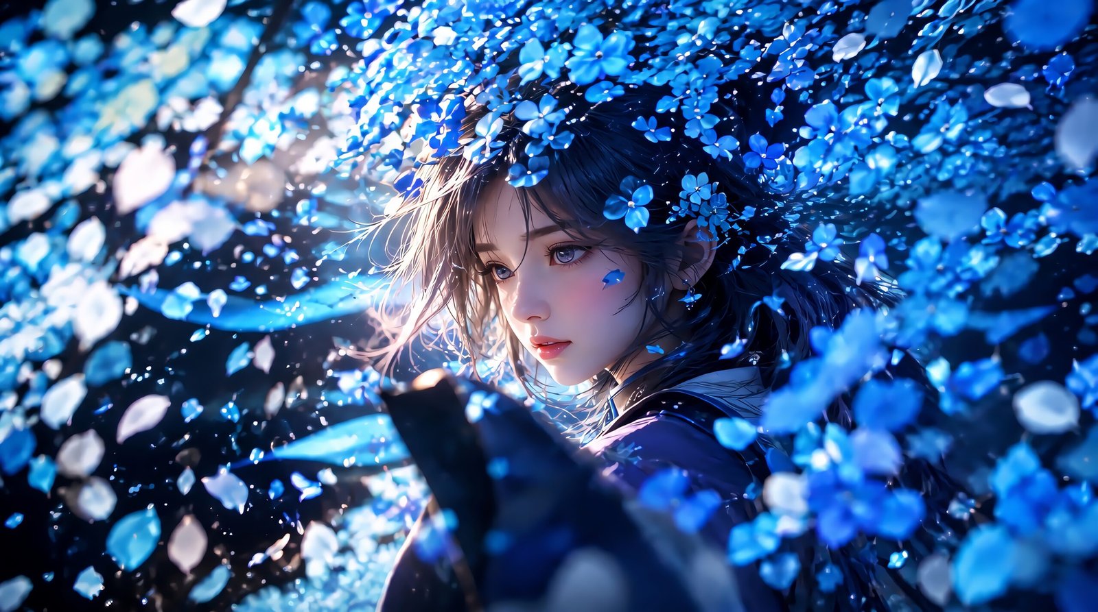 Aesthetic Anime Girl with Blue Flowers 8K Ultra Wallpaper Free Download