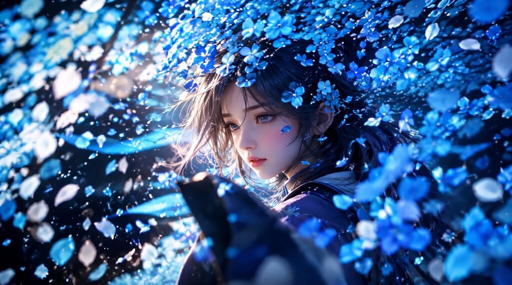Anime Girl with Blue Flowers 8K Ultra HD Wallpaper Blue Floral Anime Girl 8K Live Wallpaper